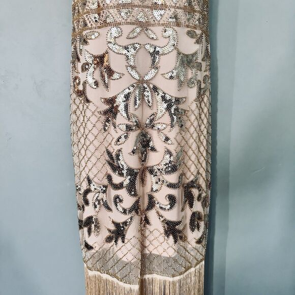 Unique Retro Flapper Dress L Sequin Beaded Showgirl Fringe 20s Gatsby Burlesque - Picture 7 of 12